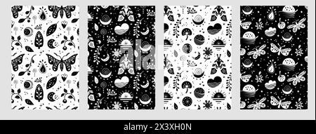 Nahtloses Neo-Folk-Muster mit Schmetterling, Motte und Blumen, schwarz-weißem Blumenmuster. Set Neo Folk Style endlose Hintergründe perfekt für Textilien Stock Vektor