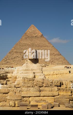 Große Sphinx von Gizeh, Pyramide von Khafre (auch Chephren genannt) (Hintergrund), Pyramidenkomplex von Gizeh, UNESCO-Weltkulturerbe, Gizeh, Ägypten Stockfoto