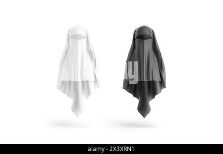 Leeres Schwarzweiß-Niqab-Modell für Frauen, Vorderansicht, 3D-Rendering. Leerer Nationalität-Wrap-Kopfschmuck, isoliert. Klare Frauen aus dem Nahen Osten Stockfoto