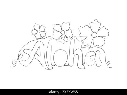 Eine durchgehende Linienzeichnung mit niedlichem und coolem Reiseurlaubs-Zitat - Aloha. Kalligraphisches Design für Druck, Grußkarte, Banner, Poster. Si Stock Vektor