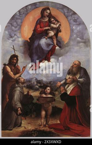 RAFFAELLO Sanzio (* 1483, Urbino, d. 1520, Roma) die Madonna von Foligno 1511-12 Öl auf Leinwand, 320 x 194 cm Pinakoteca, Vatikan das Gemälde wurde für Sigismondo de’ Conti in den Jahren 1511–2012 ausgeführt. Sie repräsentiert die Madonna in Glory, wird aber meist Madonna von Foligno genannt. Raphaels Bildforschung war bereichert worden durch seine Lösungen zur Verwendung von Licht bei der Vertreibung des Heliodors und der Befreiung des hl. Peter. Diese Bildgeräte erscheinen in der Madonna von Foligno, heute im Vatikanischen Museum. Die Madonna und das Kind, getragen von einer Wolke von Engeln und eingerahmt von einer orangen Scheibe, Stockfoto