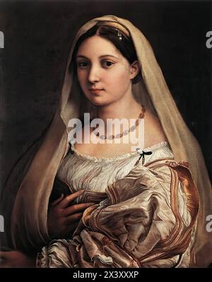 RAFFAELLO Sanzio (* 1483, Urbino, d. 1520, Roma) Frau mit einem Schleier (La Donna Velata) 1516 Öl auf Leinwand, 82 x 60,5 cm Galleria Palatina (Palazzo Pitti), Florenz Tradition identifiziert das Thema mit "la Fornarina", die Frau, die der Maler in seinen letzten Jahren liebte und deren Gesicht sowohl in seinen Gemälden (z. B. in der Sixtinischen Madonna) als auch in denen seiner Gefolgsleute wieder auftauchte. Die Frau wurde jedoch nie eindeutig identifiziert. Sie scheint Raphaels Schönheitsideal zu repräsentieren. Das Gemälde zeigt eine größere Aufmerksamkeit auf die Farbe und auf die Wiedergabe von Haut und Kleidung in Bezug auf Stockfoto