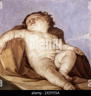 RENI, Guido (* 1575, Calvenzano, d. 1642, Bologna) schlafender Putto 1627 Fresco, 57 x 56 cm Galleria Nazionale d’Arte Antica, Rom die Geschichte hinter diesem kleinen Meisterwerk geht auf uns zurück, die von Chantelou (1665) erzählt wird, der sie als Geschichte wiederholt, die Bernini ihm erzählt hat. Offenbar wurde Guido Reni nach Rom gerufen, um ein Fresko entweder in der Basilika San Giovanni in Laterano oder in der Basilika Santa Maria Maggiore anzufertigen, fand sich aber im Fresko-Medium aus der Praxis wieder. Um seine Technik zu üben, ließ er eine kleine Mörserbasis für ihn vorbereiten und in Anwesenheit von Kardinal Francesco B. Stockfoto