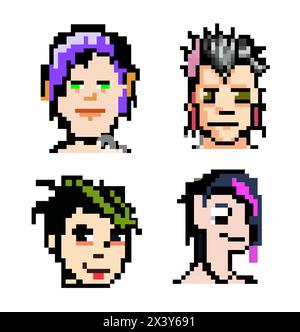 Vektor-Set Pixel Punkköpfe von Menschen mit verschiedenen farbigen Haaren, verschiedenen Kunststilen, 8 Bit Grafiken, Ikonen im Piktogramm von männlichen und lustigen Menschen fema Stock Vektor
