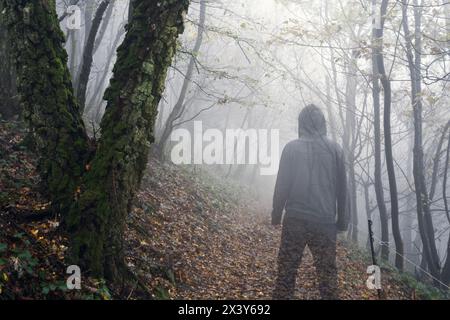 Ein Horror-Konzept einer transparenten, übernatürlichen, geisterhaften Figur. In einem gruseligen Nebelwald zu stehen. Stockfoto