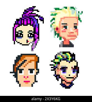 Vektor-Set Pixel Punkköpfe von Menschen mit verschiedenen farbigen Haaren, verschiedenen Kunststilen, 8 Bit Grafiken, Ikonen im Piktogramm von männlichen und lustigen Menschen fema Stock Vektor