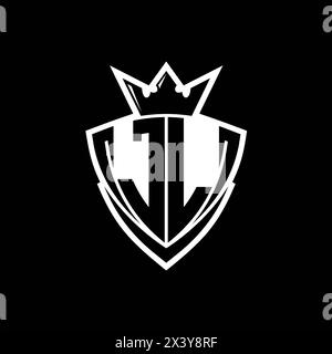 JL Bold Letter-Logo mit scharfem dreieckigem Schild mit Krone innen in weißer Umrandung auf schwarzem Hintergrund Stockfoto