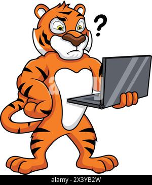 Verwirrter Tiger, der eine Computervektor-Cartoon-Click-Art hält Stock Vektor