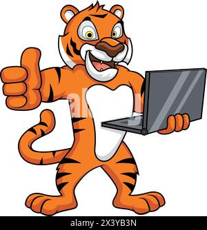 Tiger hält einen Laptop, während er einen Daumen nach oben Gesten Vektor Cartoon Click Art Stock Vektor