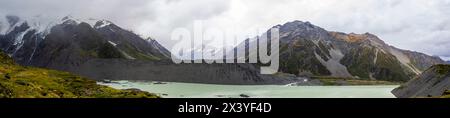 Der Panoramablick auf den Mueller Lake vom Kea Point im Mount Cook National Park. Es hat direkten Blick auf Mount Cook selbst. Stockfoto