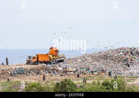 Die Maschinen arbeiten auf einem dummen Mann mit Meer auf einem Hintergrund Stockfoto