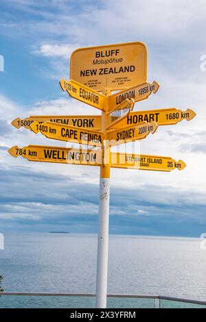 Bluff New zealand Wegweiser am Ende des State Highway 1 in Bluff. Das Schild zeigt Distanz und Richtung zu verschiedenen Zitaten. Stockfoto