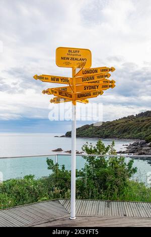 Bluff New zealand Wegweiser am Ende des State Highway 1 in Bluff. Das Schild zeigt Distanz und Richtung zu verschiedenen Zitaten. Stockfoto