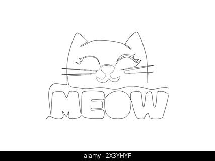Eine durchgehende Linienzeichnung mit niedlichem und niedlichem Tipografie-Zitat - Meow für Kätzchen-Katzensound. Kalligraphisches Design für Druck, Karte, banne Stock Vektor