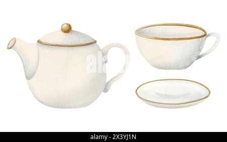 Küche Teekanne, Teetasse und kleine Schüssel Set aus weißer Porzellan Keramik Aquarellillustration. Einfacher, eleganter Wasserkocher Stockfoto