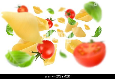 Italienische Pasta mit Basilikumblatt und Kirschtomaten, die auf weißem Hintergrund schweben. Ungekochte Italienische Pasta. Beschneidungspfad, volle Schärfentiefe. C Stockfoto