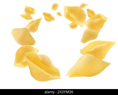 Italienische Pasta, die isoliert auf weißem Hintergrund schweben. Beschneidungspfad, volle Schärfentiefe. Stockfoto