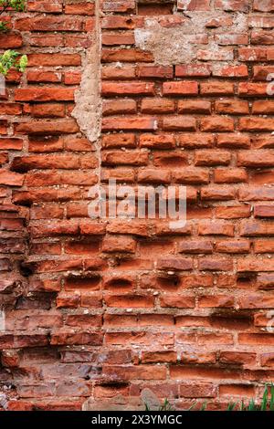 Backsteinalte rote Wand Textur Hintergrund. Grüne Pflanzen, die alte Ziegelsteine umrahmen, Mauerzaun, Retro-Steinmauer mit Kopierraum, Mauerwerk außen, m Stockfoto