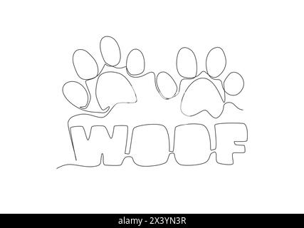 Eine durchgehende Linienzeichnung mit niedlichem Tippzitat aus Tierhandeln - Woof für Welpen-Hundesound. Kalligraphisches Design für Druck, Karte, Banner, Post Stock Vektor