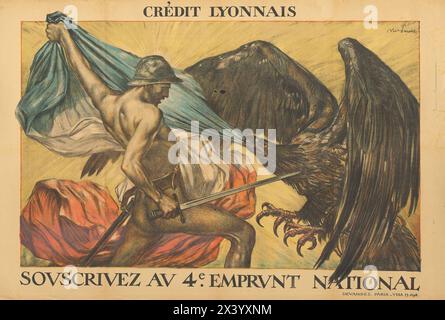 Vintage French war Post Banking Bond Poster Illustration: Credit Lyonnais - Abonnieren Sie die vierte nationale Kreditaufnahme. Von Jules-Abel Faivre 1918. Stockfoto