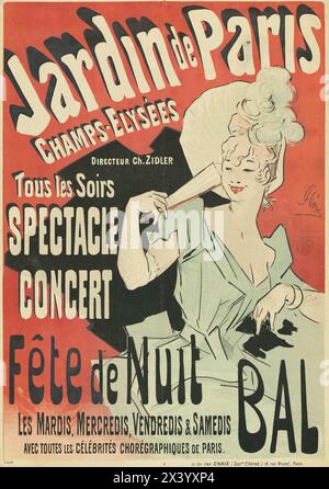 Französische Vintage Poster Illustration von Jules Cheret . Jardin de Paris, Spektakel, Konzert, Fête de Nuit, Bal Paris Gartenfeier. Um 1890 Stockfoto