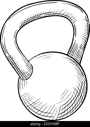 Illustration des Kettlebell-Vektors. Umrisszeichnung einer Kurzhantel, die mit schwarzer Tinte gemalt ist. Zeichnung von Fitnessgeräten im linearen Stil. Gravur von Rundgewichten für das körperliche Krafttraining. Ätzen für Symbol Stock Vektor