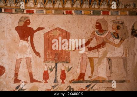 Wandmalereien, Menna-Grabmal, TT69, Adelsgräber, altes Theben, UNESCO-Weltkulturerbe, Luxor, Ägypten Stockfoto