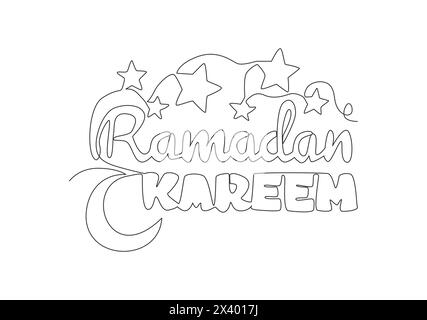 Eine einzeilige Zeichnung von Happy Eid Al Fitr Mubarak und Ramadan Kareem Concept. Islamische Feiertagskalligrafie für Druck, Grußkarte, Banner, Stock Vektor