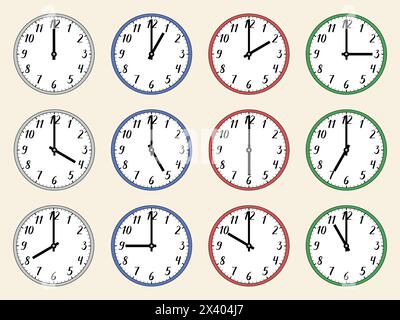 Vektorillustration einer runden analogen Uhr mit handgeschriebenen Zahlen. 1, 2, 3, 4, 5, 6, 7, 8, 9, 10, 11, 12, 13, 14, 15, 16, 17, 18, 19, 20, 21, 22 Stock Vektor