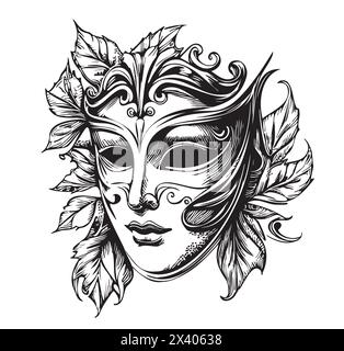 Vintage Partymasken in Schwarz und weiß. Wunderschöne venezianische Karnevalsmaske im Line Art Stil. Maskerade Maske für festliche Einladungen, Banner, Grußkarten, Malbücher. Mardi Gras. Skizzenzeichnung Stock Vektor