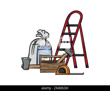 Gebäude und Renovierung. Helle Vektor-bearbeitbare Illustration mit Leiter, Werkzeugkasten und Baumaterialien Stock Vektor