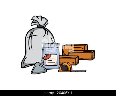 Bau- und Renovierungsarbeiten. Heller Vektor editierbare Illustration von Ziegeln, Baumaterialien, Bandmaß und Kelle Stock Vektor