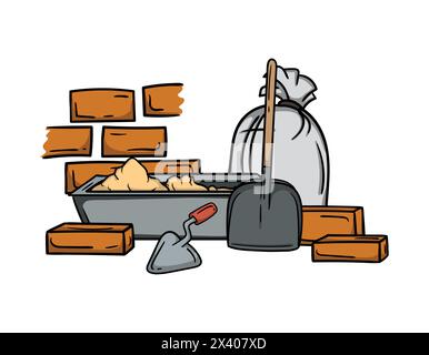 Bau- und Renovierungsarbeiten. Helle Vektor-bearbeitbare Illustration mit Ziegelwand, Schaufel, Baumischungen und Werkzeugen Stock Vektor