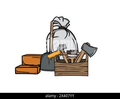 Bau- und Renovierungsarbeiten. Heller Vektor editierbare Illustration von Werkzeugkasten, Baumaterialien und Ziegeln Stock Vektor