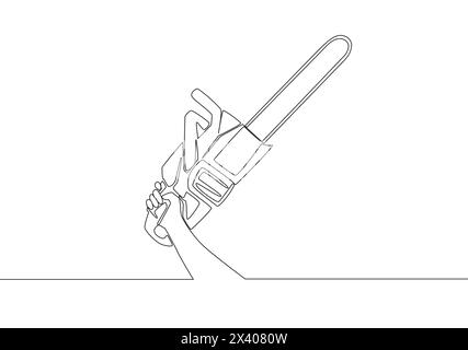 Eine durchgehende Linienzeichnung eines Mannes, der die Motorsäge hält. Werkzeugrezept für Holzarbeiter. Illustration des Vektorentwurfs mit einzeiliger Zeichnung Stock Vektor