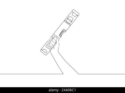 Eine durchgehende Linienzeichnung eines Menschen, der eine Luftblasen- oder Wasserwaage hält. Handwerker-Tools-Konzept. Illustration des Vektorentwurfs mit einzeiliger Zeichnung Stock Vektor