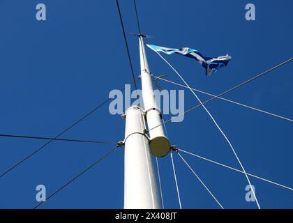 Schottische Saltire-Flagge, die auf einem hohen Metallfahnenmast auf dem Schlachtfeld von Bannockburn in Schottland fliegt Stockfoto