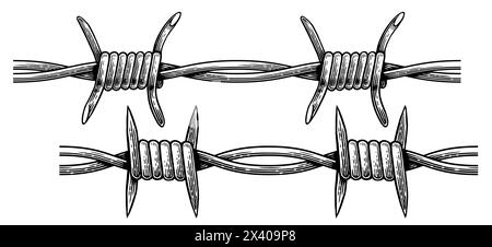Handgezeichnete Stacheldrahtskizze im Gravurstil. Scharfe Kette mit Stacheldraht. Vektorabbildung Stock Vektor