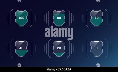 HUD Digital futuristischer Stil Videospiel Benutzeroberfläche Health Shield Progress Set. Videospiel-Cyberspace-Player schützen das Rüstungslevel-Zeichen und das Lebensindikator-Symbol. Energie-Infografik-Design EPS-Element Stock Vektor