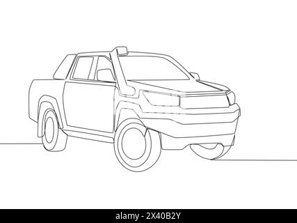 Eine Linienzeichnung eines robusten Pickup-Fahrzeugs mit Allradantrieb. Sportliches Fahrzeugtransportkonzept. Einfache durchgehende Linienführung Stock Vektor