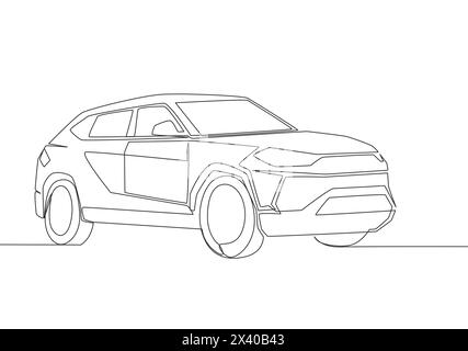 Eine Linienzeichnung eines robusten großen suv-Autos. Komfortables und sicheres Transportkonzept für die Familie. Einfache durchgehende Linienführung Stock Vektor