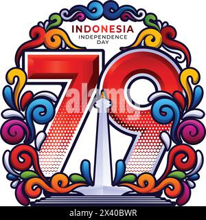 Dirgahayu Indonesia Ke 79 Vektor-Logo, mit monas Denkmal Vektor-Illustration Stock Vektor
