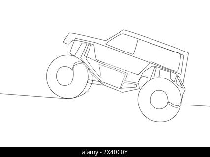 Durchgehende Linienzeichnung eines Geländewagen-Geländewagens mit Allradlenkung für Wettkämpfe und Turniere. Rallye-Abenteuer-Fahrzeug-Transportkonzept. O Stock Vektor