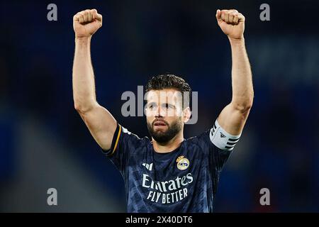 Jose Ignacio Fernandez „Nacho“ von Real Madrid CF reagiert während des LaLiga EA Sports Matches zwischen Real Sociedad und Real madrid CF in der reale Arena Stad Stockfoto