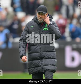 London, Großbritannien. April 2024 - West Ham United gegen Liverpool - Premier League - London Stadium. Liverpool Manager Jurgen Klopp. Bildnachweis: Mark Pain / Alamy Live News Stockfoto