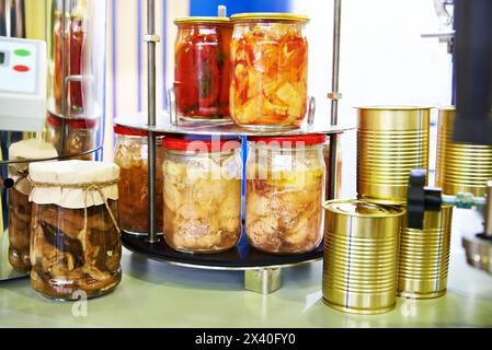 Gemüse aus der Dose, Pilze, Eintopf in einem Glas an einem Schaufenster Stockfoto