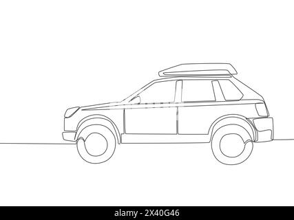 Durchgehende Linienzeichnung eines robusten suv-Fahrzeugs mit Dachträger. Transportkonzept für Abenteuerfahrzeuge. Eine einzelne durchgehende Linienführung Stock Vektor