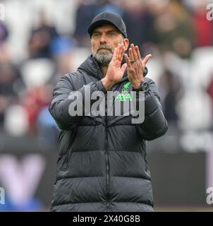 London, Großbritannien. April 2024 - West Ham United gegen Liverpool - Premier League - London Stadium. Liverpool Manager Jurgen Klopp. Bildnachweis: Mark Pain / Alamy Live News Stockfoto