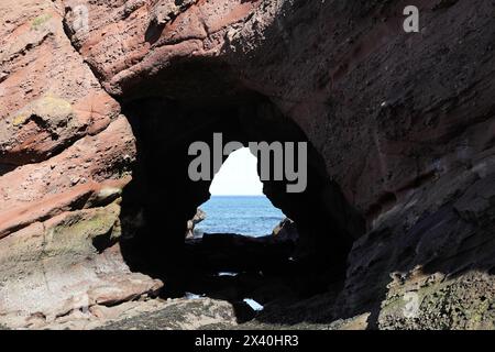 Sea Cave in Red Sandstone Conglomerate Rock, Aberdour, Fife Coast, Schottland, Großbritannien Stockfoto