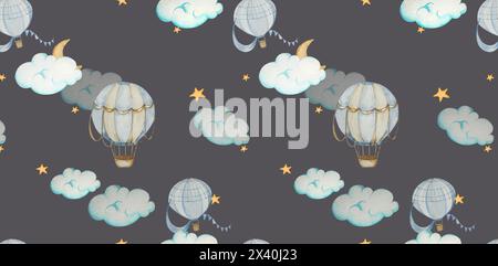 Wasserfarben Heißluftballons, Girlanden, Wolken, Sterne. Mond. Nahtloses Muster. Schwarzer Hintergrund. Kinderillustration. Pastellfarben Blau, Beige. Für Stockfoto